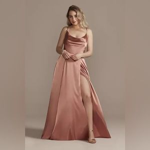 Charmeuse cowl bridesmaid dress with lace-up back, desert coral